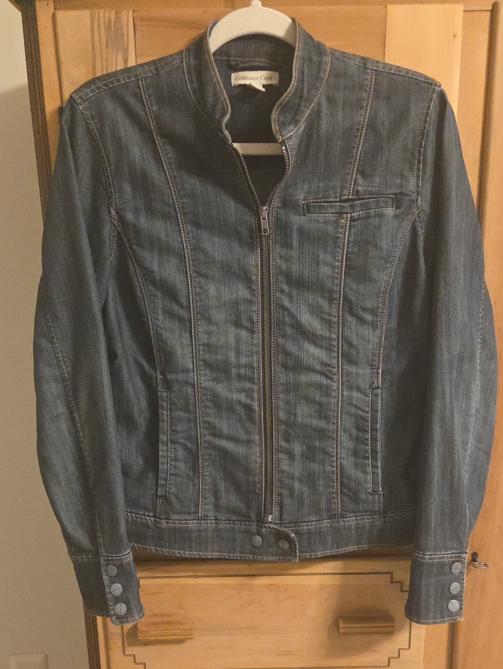 Coldwater Creek Women's Dark Blue Denim Zip Jacket with Stand Collar
